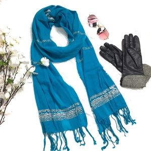 Teal Blue & Silver Sequined Fringed Scarf